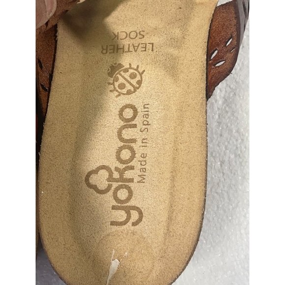 YOKONO Womens size 9.5 Redish Brown Strap Wedge Sandals Slip On Leather Cork - Picture 12 of 16